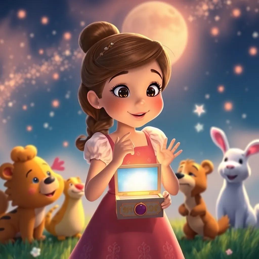 Zoe waving goodbye to her animal friends, the music box glowing softly in her hands, with a dreamy background of Melodia fading away, heartfelt, warm colors, serene art