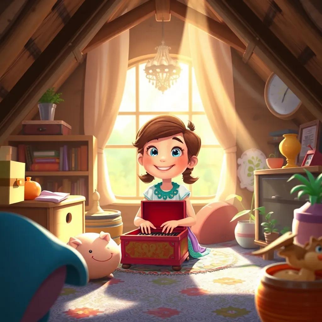 Zoe in her attic, smiling with the music box, sunlight streaming in, sharing her adventure's joy with friends, nostalgic, happy atmosphere, vibrant, child-friendly illustration
