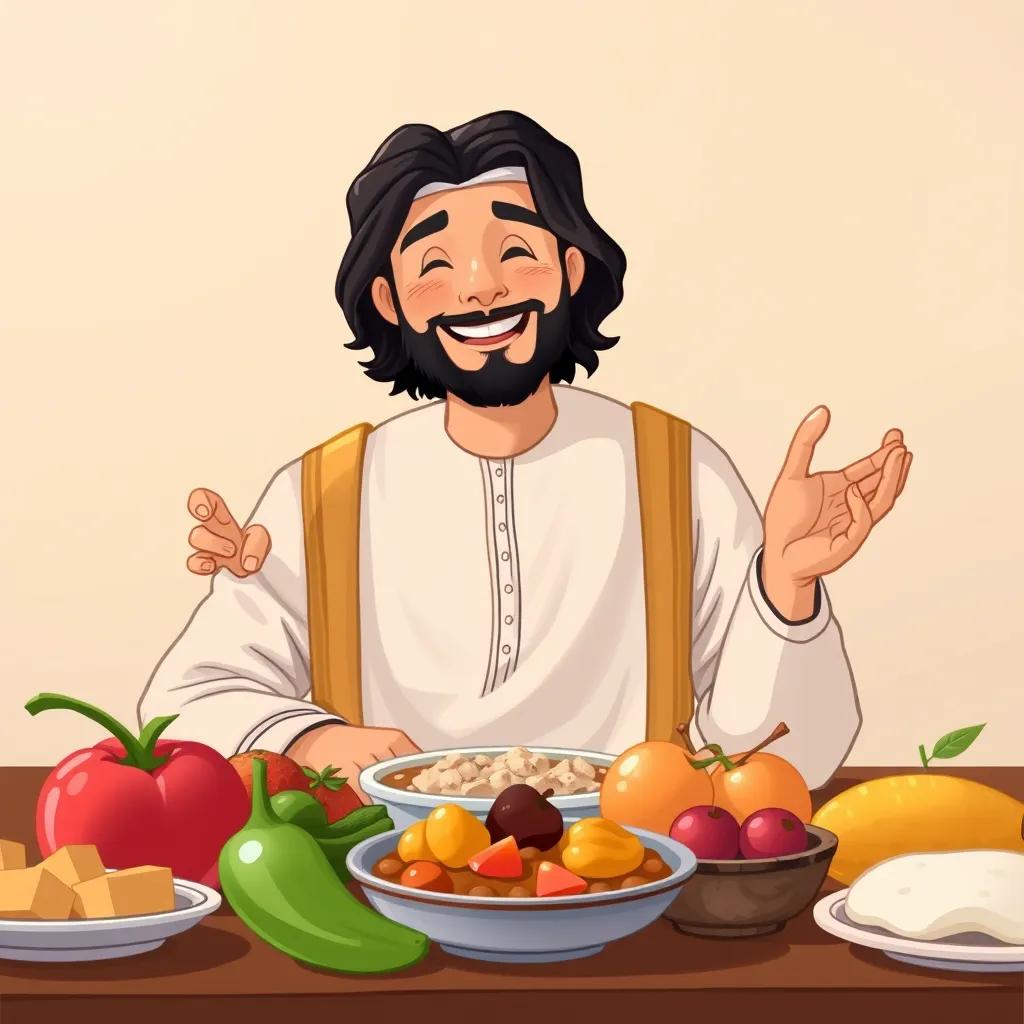 Image of An Arab father smiling, with medium length black hair, wearing a traditional thobe, explaining the concept of saying Bismillah at the dining table, surrounded by fresh fruits and dishes, illustration, friendly, warm light, detailed