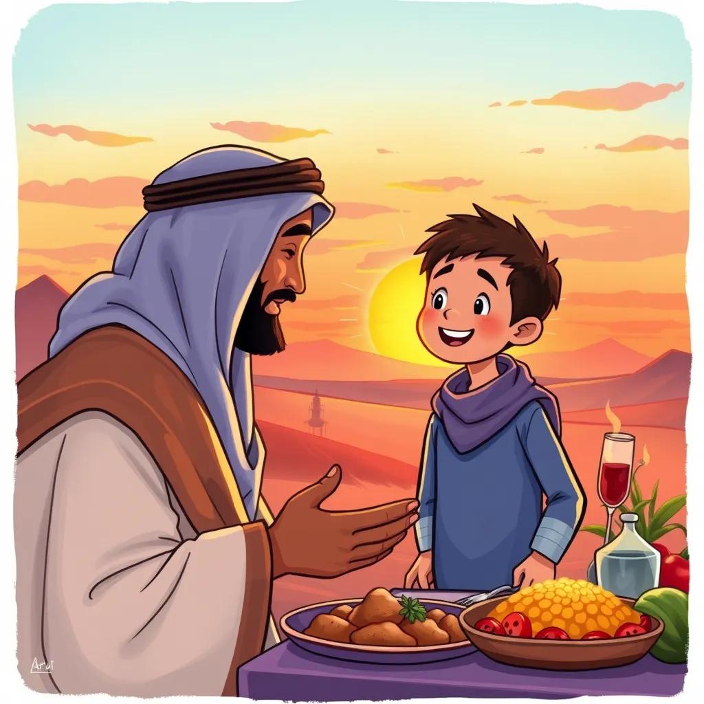 Image of Sami, the young Arab boy, smiling as he thanks his father after the meal, with a beautiful sunset in the background, warm colors, heartwarming scene, high quality