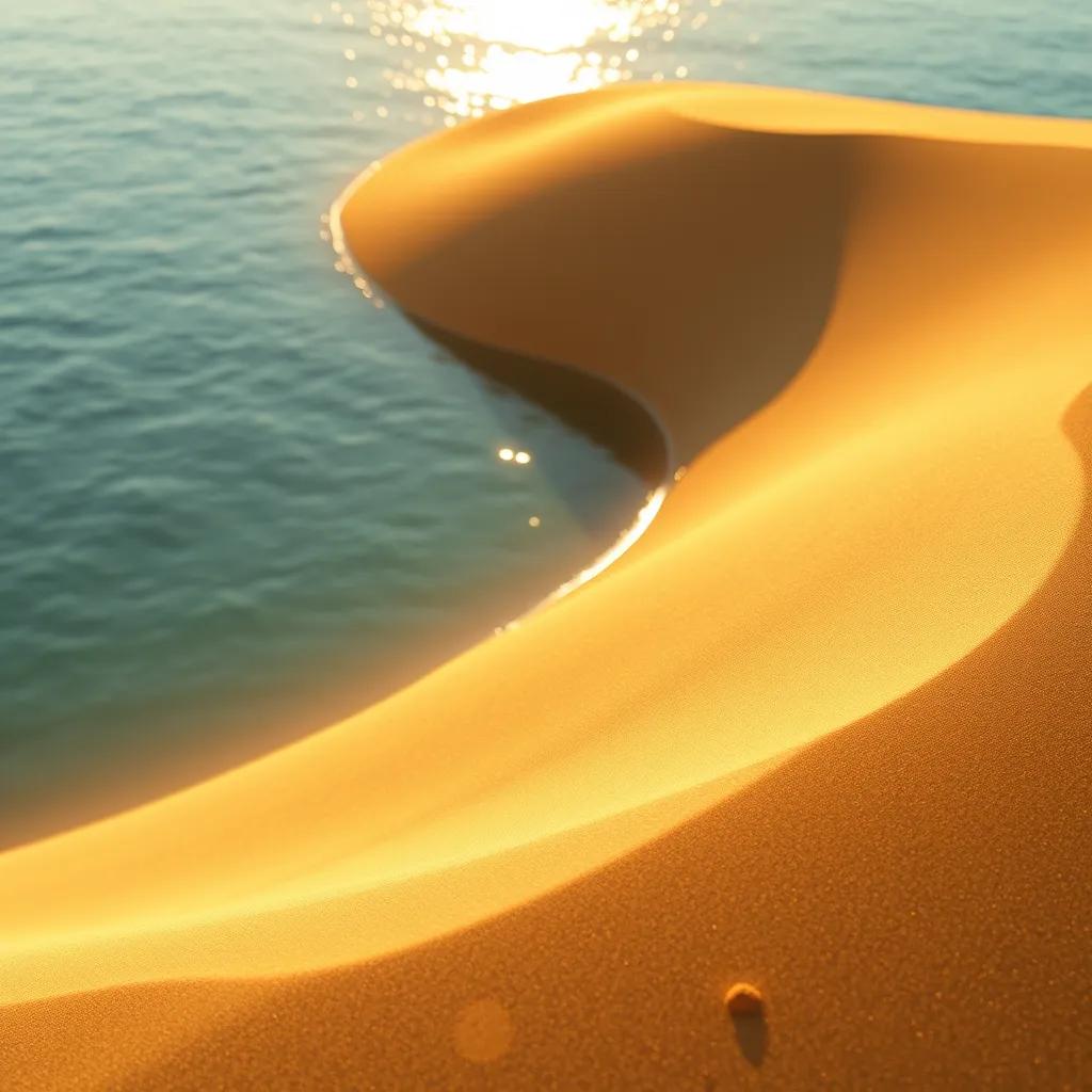 Image of Golden sandy dunes with clear blue water in the background, reflecting sunlight, peaceful and serene, detailed photograph, warm light, calming