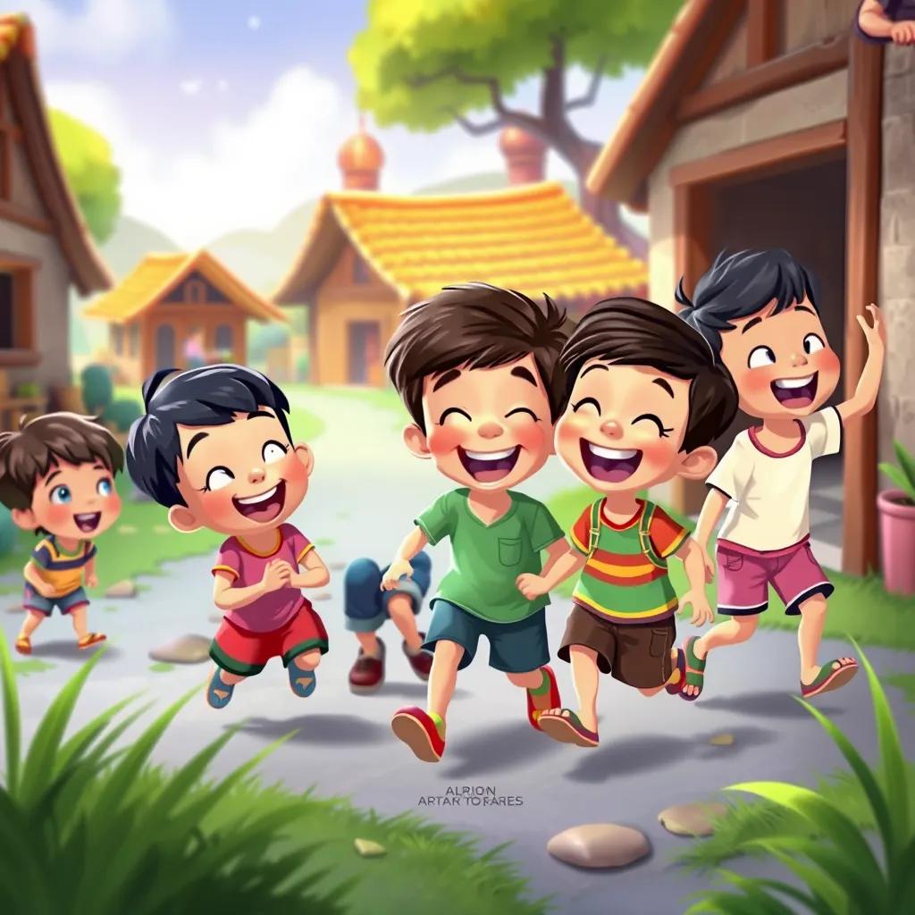 Image of A group of children playing in a village, laughing and enjoying, colorful backgrounds, energetic, joyful scene, cheerful animation