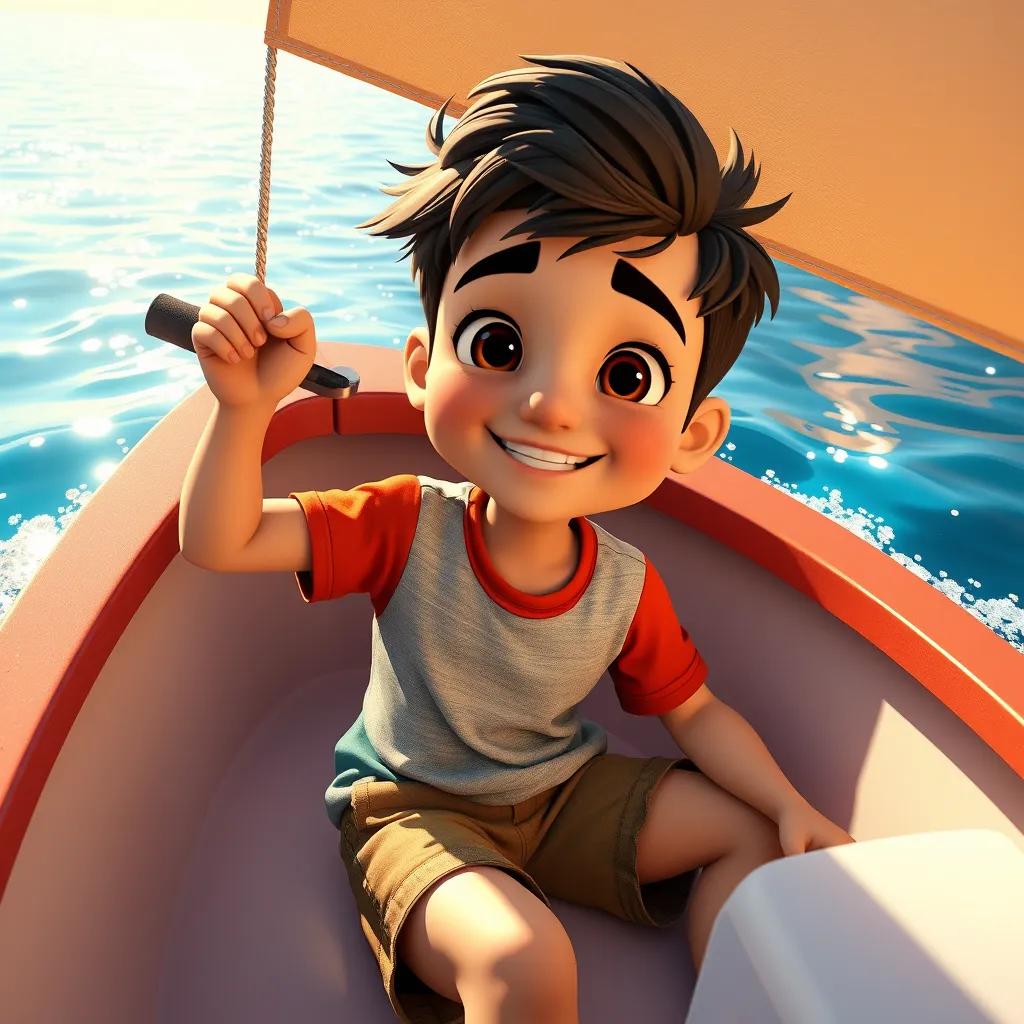 Image of A boy named Mazen, wearing a colorful t-shirt and shorts, sailing in a small boat on a sunny day, sparkling waters in Oman, vibrant, cheerful, high quality