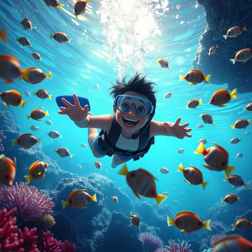 Image of A beautiful underwater scene with Mazen diving, shimmering lights reflecting from the sea, colorful fish swimming around, joyful, artistic, high quality