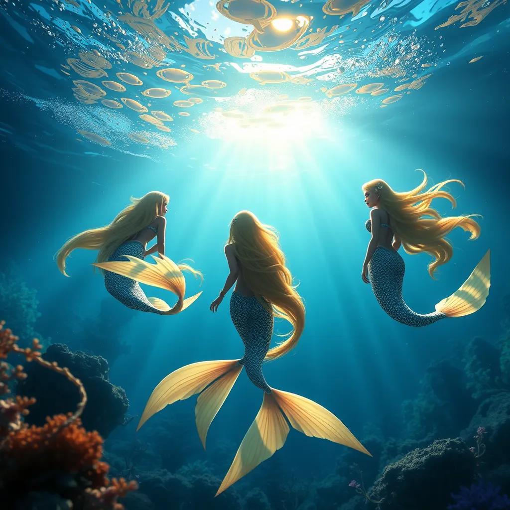 Image of Mazen seeing stunning mermaids with golden hair under the water, sunlight sparkling on their tails, magical and inviting atmosphere, vibrant colors, high quality