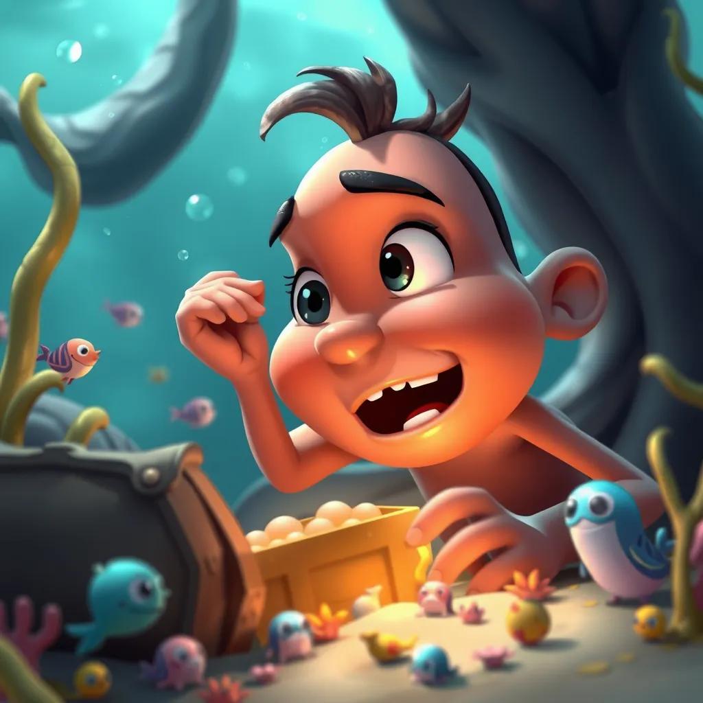 Image of Mazen excited to find a treasure, looking thoughtful and curious, surrounded by small sea creatures, exploration and adventure atmosphere, colorful, high quality