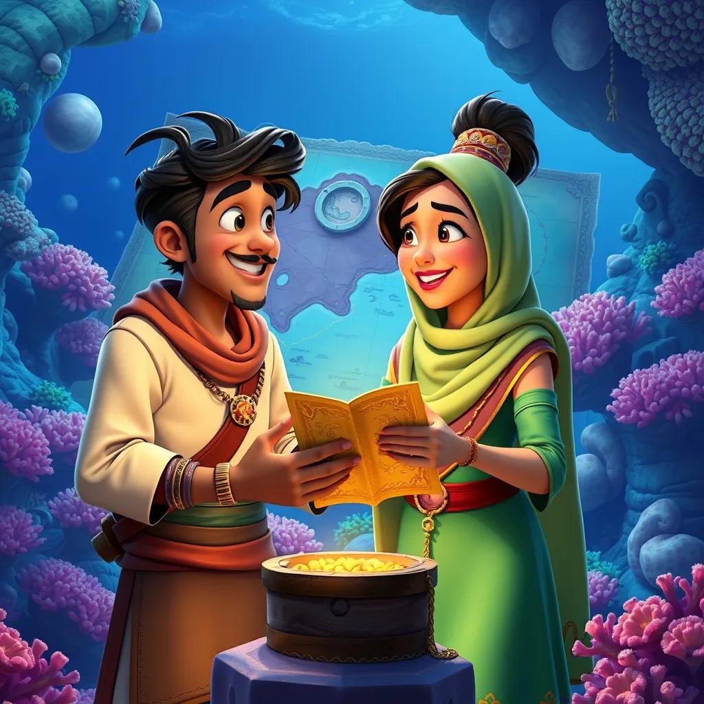 Image of Mazen and Leila discussing treasure, with vibrant coral reef behind them, treasure map visible, cheerful ambiance, high quality