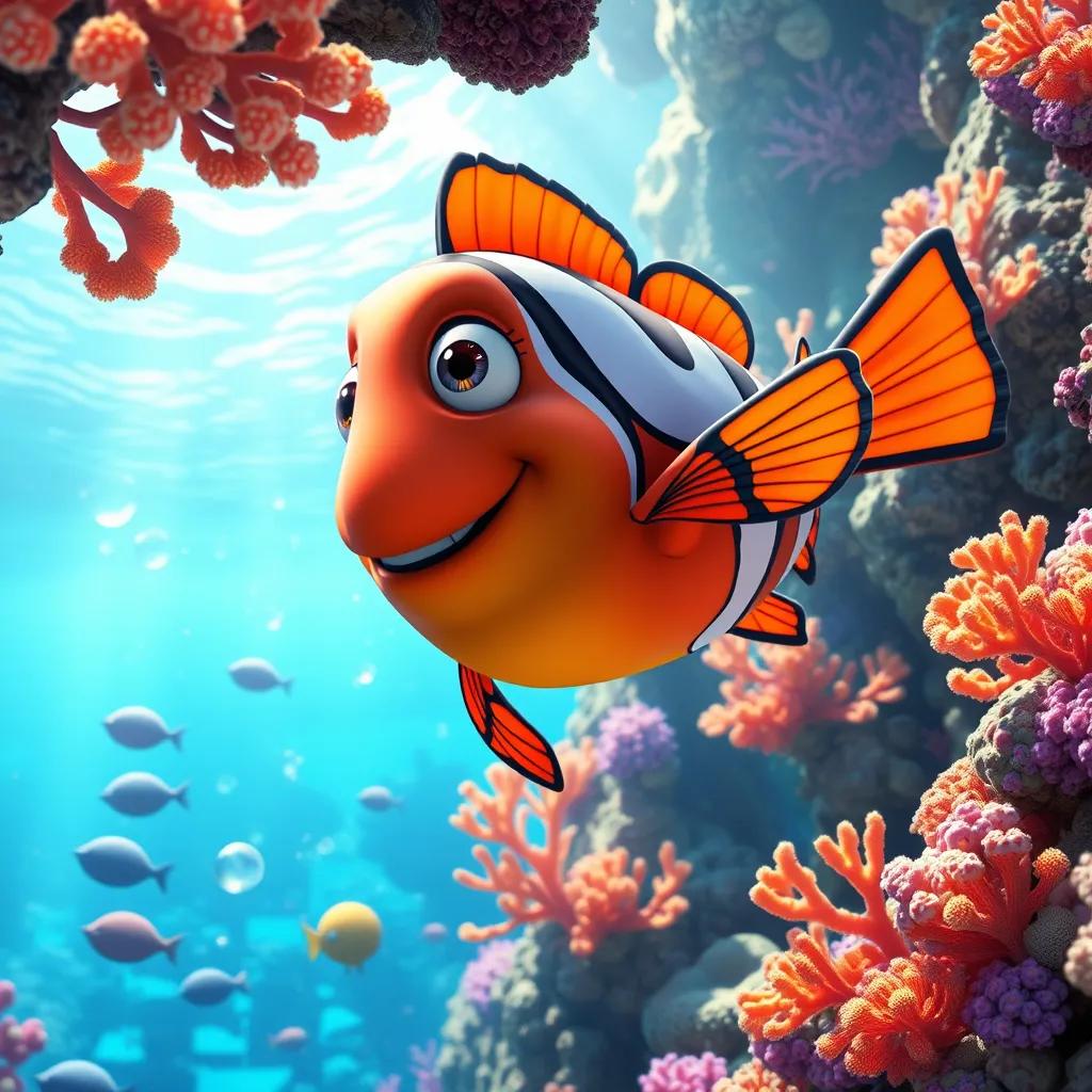 Image of Mazen swimming through beautiful coral reefs, bright colors everywhere, joy and exploration in the sea, dynamic and lively, high quality