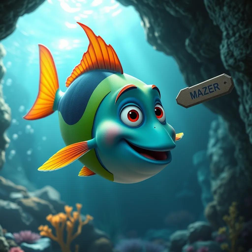 Image of A big colorful fish with bright fins helping Mazen, giving directions in an underwater cave, lively and friendly atmosphere, high quality