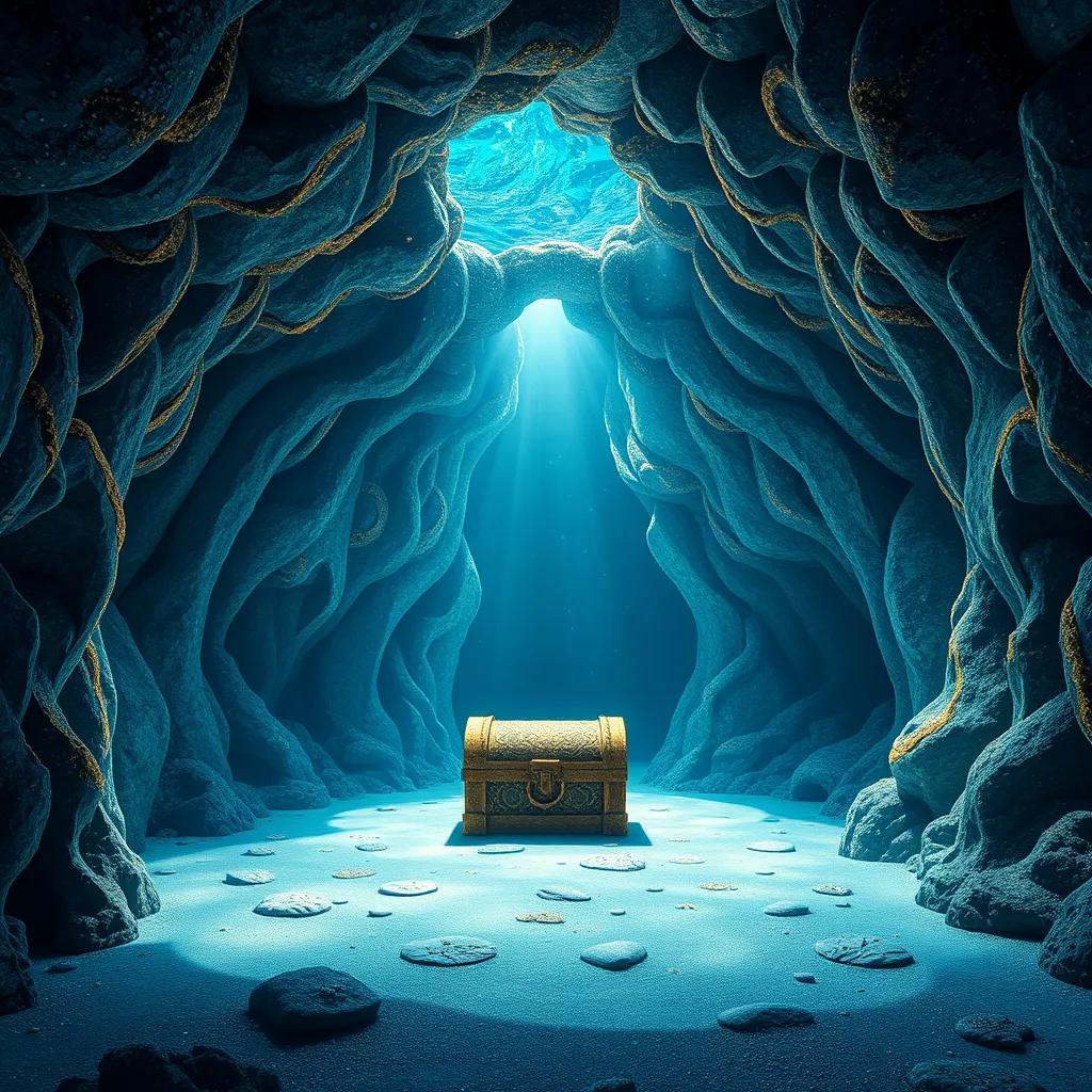 Image of A stunning underwater cave with sparkling walls, intricate designs on the cave, treasure box at the center, magical feel, high quality