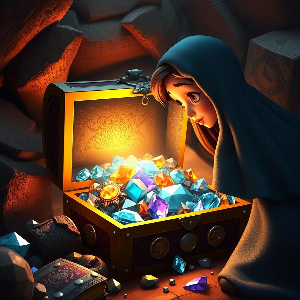 Image of Mazen discovering an ancient treasure chest filled with sparkling gems, bright light emanating from the chest, a sense of wonder and excitement, high quality