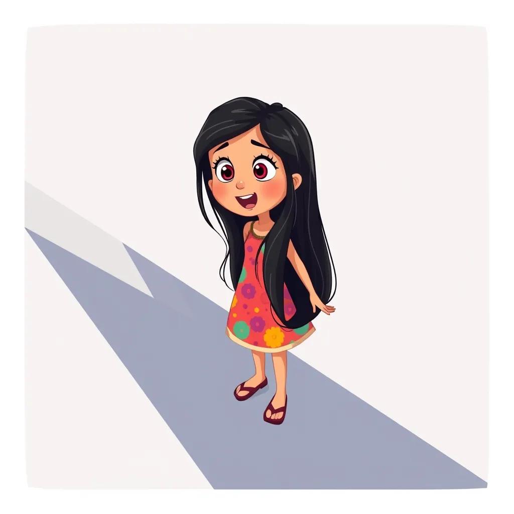 Image of Leila, a young Arab girl, with long black hair, wearing a colorful dress, looking excitedly at a big triangle shape casting a shadow on the ground, illustration, vibrant colors, playful perspective, child-friendly