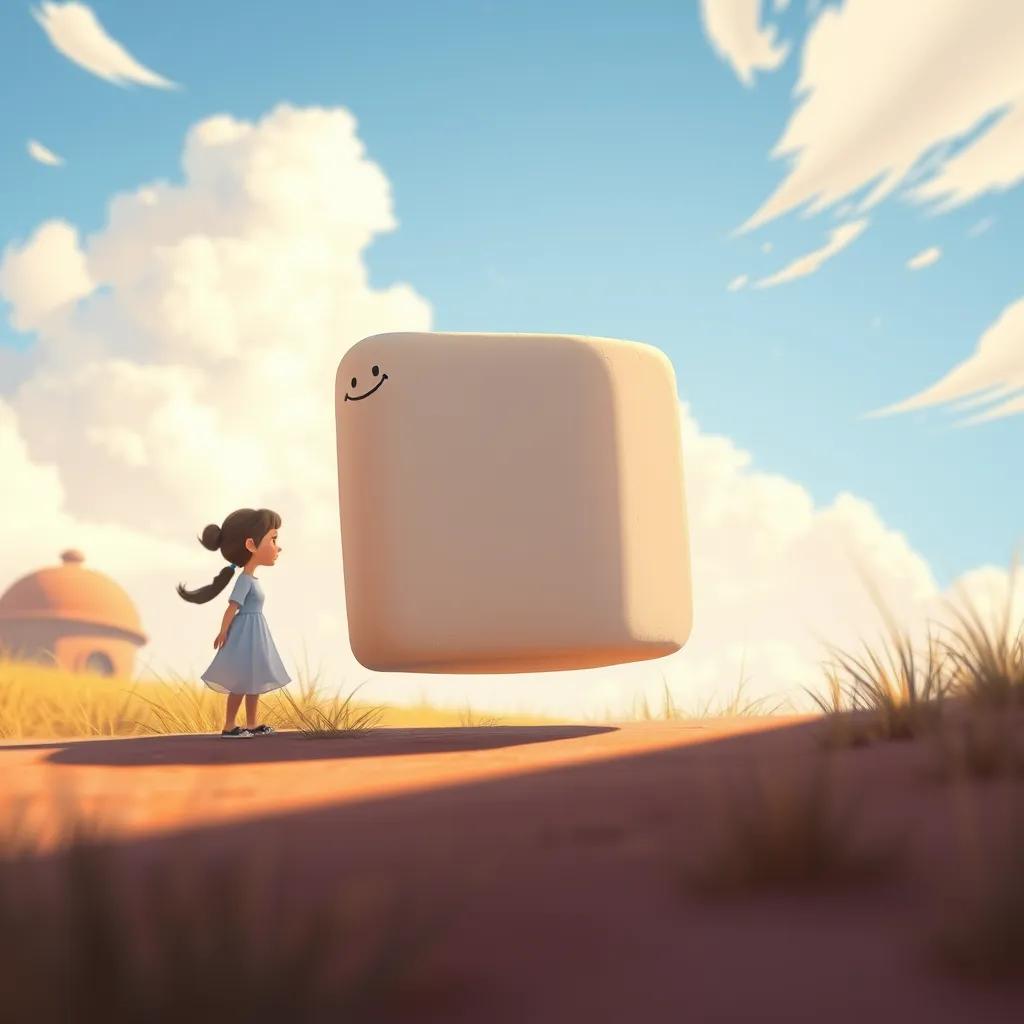 Image of A small square shape with a shadow moving playfully as the wind blows, featuring Leila in the background, a bright and lively scene, detailed art, whimsical, fun perspective