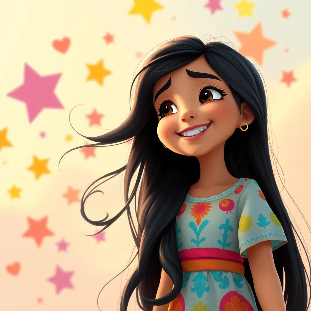 Image of Leila, a young Arab girl, with long black hair, wearing a colorful dress, laughing as she watches different shapes dancing in the wind, cheerful colors, joyful atmosphere, high quality