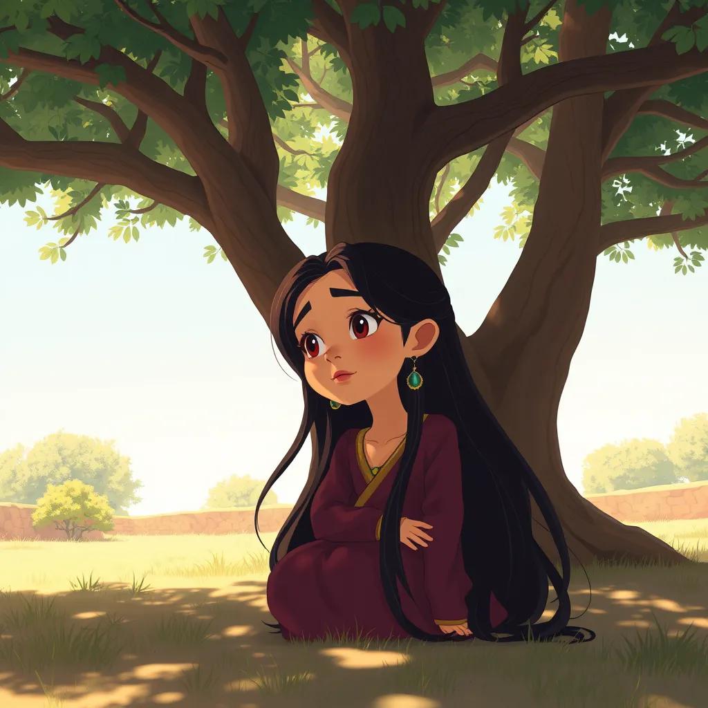 Image of Leila, a young Arab girl, with long black hair, under a large shady tree, its shadow spreading wide, enjoying the coolness of the shade, digital illustration, serene colors, warm light