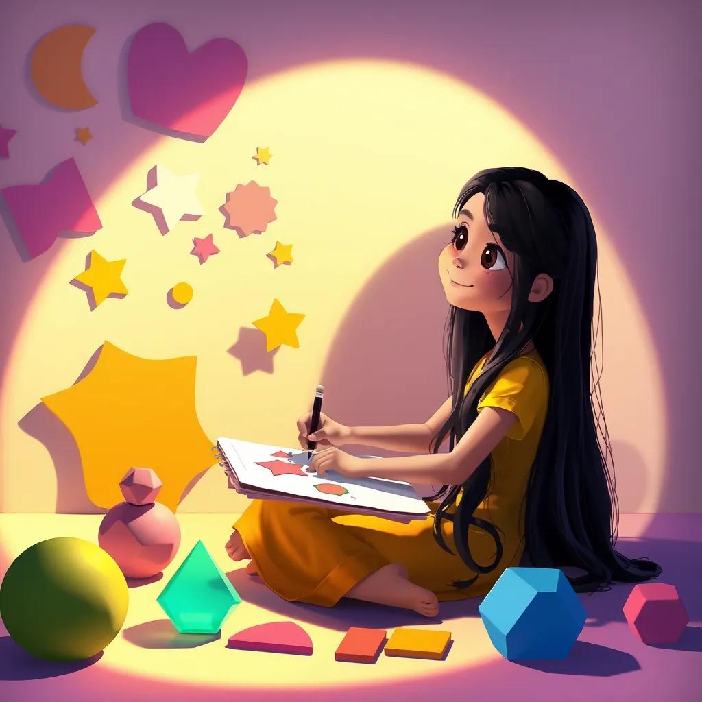 Image of Leila, a young Arab girl, with long black hair, sitting and drawing shapes in her sketchbook, with all the shapes and their shadows around her colorful, artistic scene, cheerful light