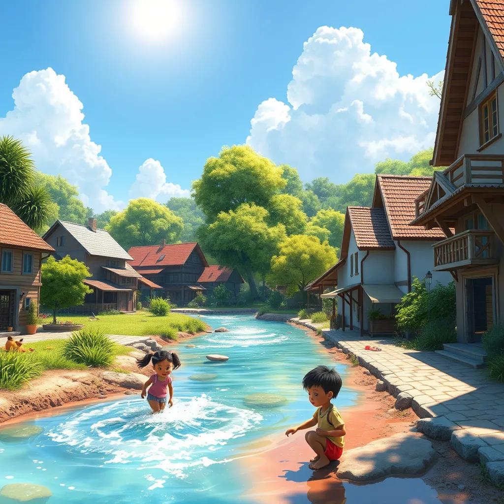 Image of A sunny day in a village with a beautiful river, children playing by the water, lush green trees in the background, vibrant colors, cheerful atmosphere