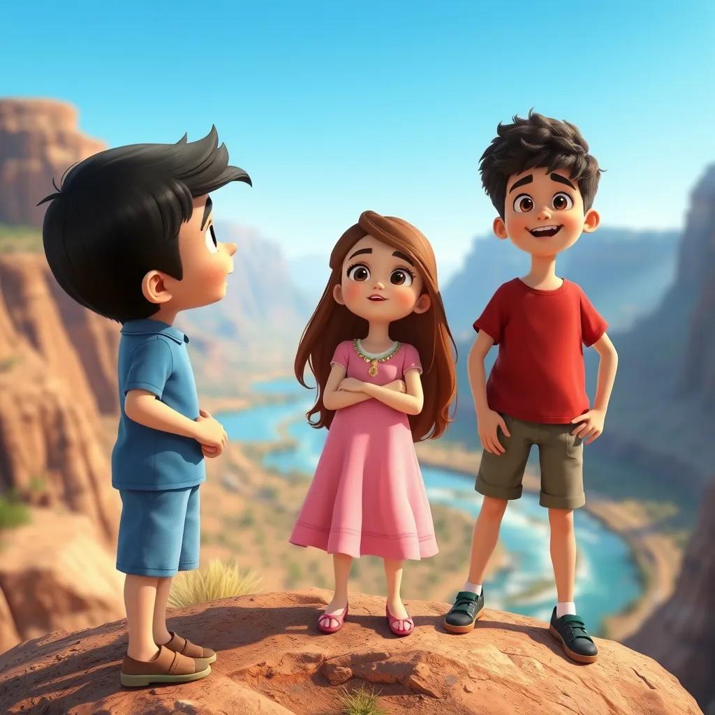 Image of Three friends, Yusuf a young Arab boy with short black hair wearing a blue shirt and shorts, Leila a young Arab girl with long brown hair wearing a pink dress, and Adel a young Arab boy with curly hair wearing a red T-shirt, standing at the top of a mountain looking down at the river, excitement in their eyes, bright blue sky