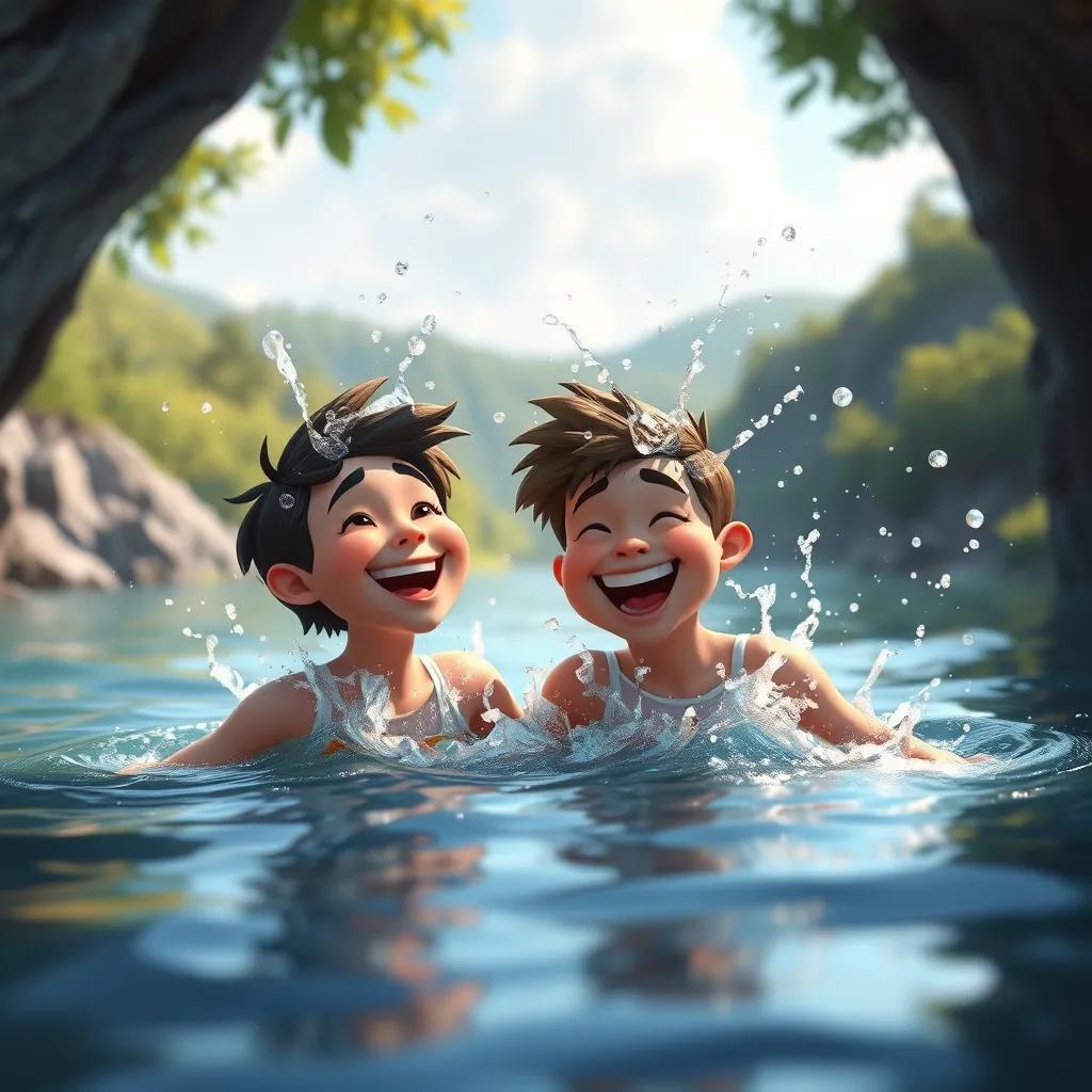 Image of The friends splashing water at each other while swimming in the river, sparkling water droplets in the air, lush hills around them, joyful smiles, fun atmosphere