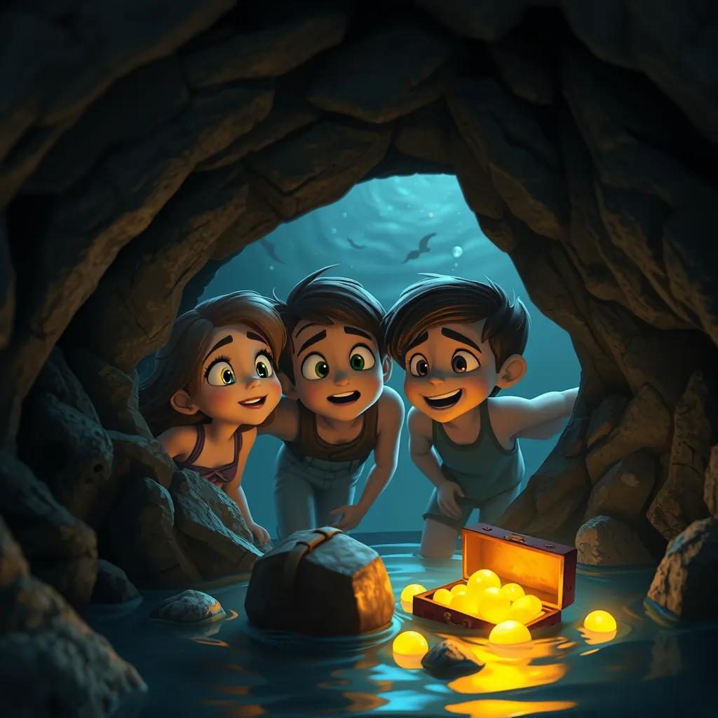 Image of The friends entering a small cave under the water, with mysterious glowing rocks and old treasure, expressions of wonder and adventure on their faces, soft light illuminating the cave