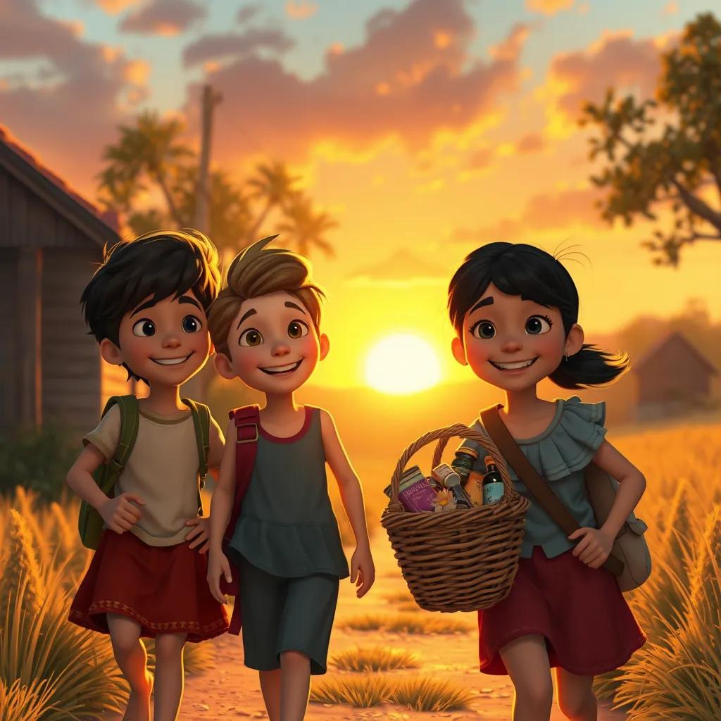 Image of The friends returning home as the sun sets, with a basket of treasures and smiling faces, warm golden light, a sense of accomplishment in the air