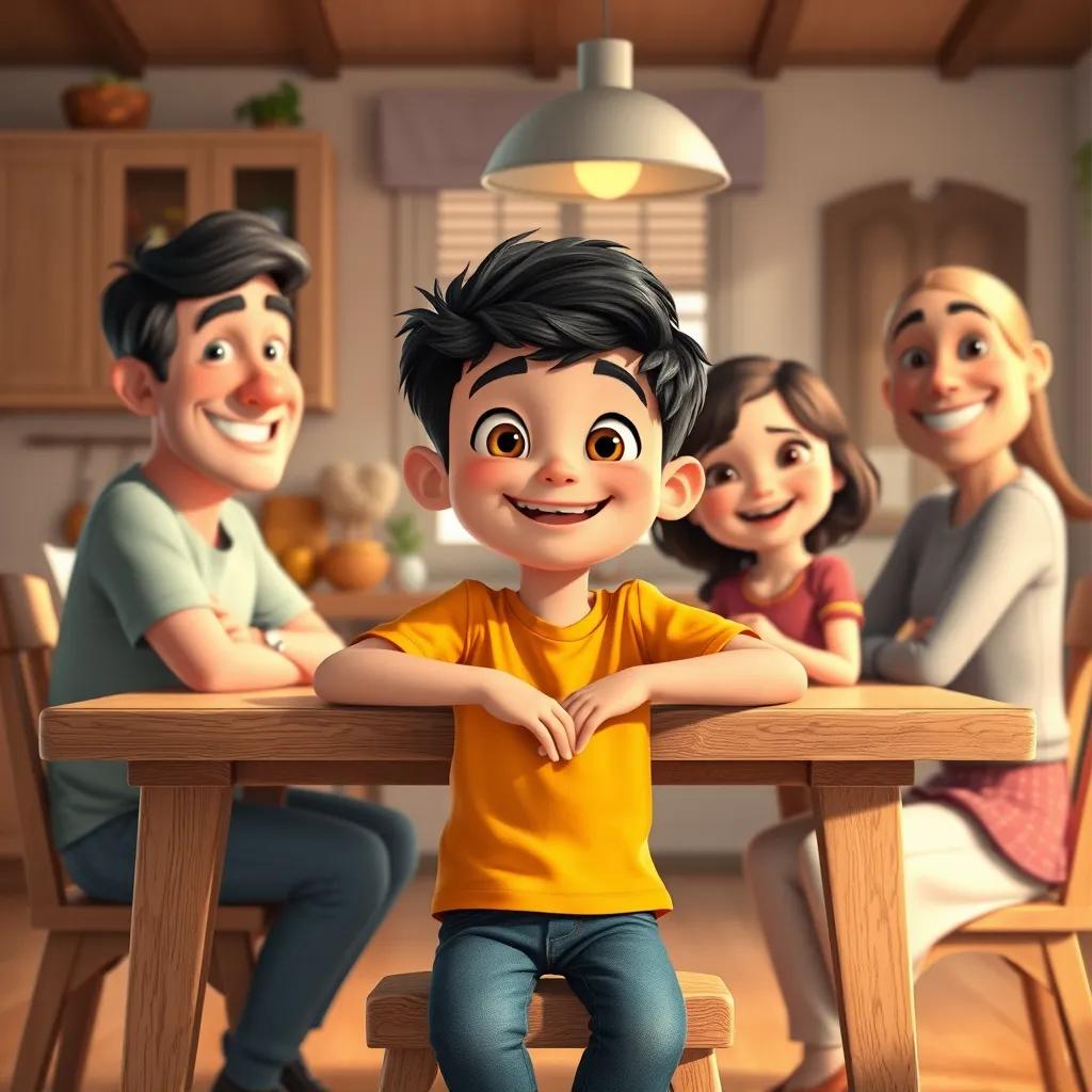 Image of A cheerful boy, Akram, with short black hair, wearing a bright t-shirt and jeans, sitting at a wooden table in a cozy kitchen with smiling parents and a sister, warm light, happy atmosphere, digital art