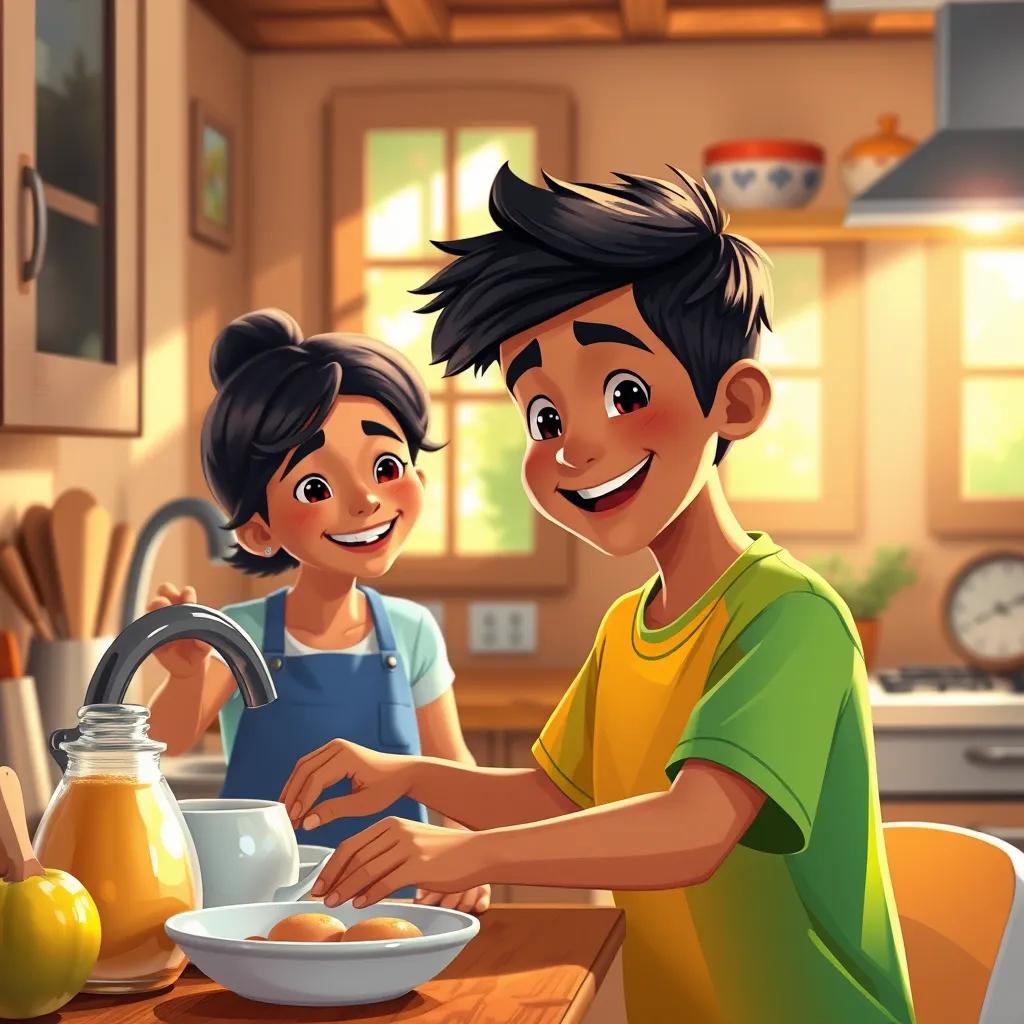 Image of Akram, a cheerful boy with short black hair wearing a bright t-shirt, helping his smiling mother prepare breakfast in a cozy kitchen with sunlight streaming through the window, painting, bright colors, inviting atmosphere