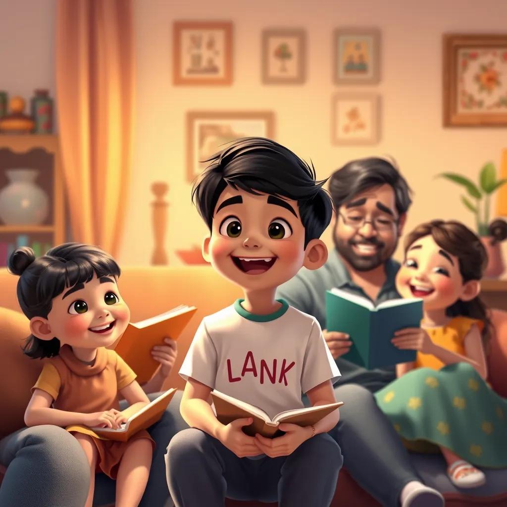 Image of A happy Akram, a young boy with short black hair in a cheerful t-shirt, sitting with his father and sister in a living room, telling stories and laughing, with warm light and colorful decor, illustration, cozy family scene