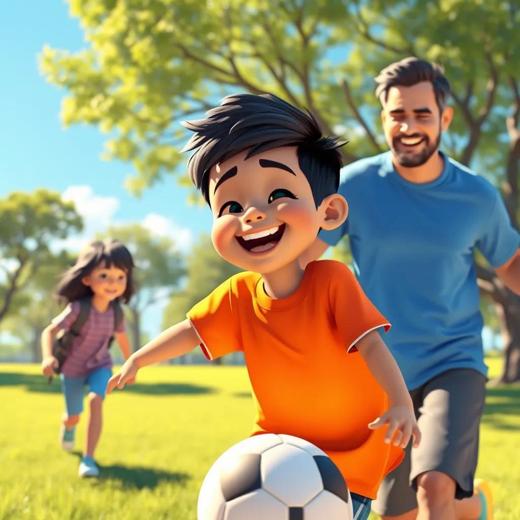 Image of Akram, a joyful boy with short black hair wearing a bright t-shirt, playing football with his father in a sunny park, surrounded by trees and a bright blue sky, digital painting, vibrant colors, joyful atmosphere