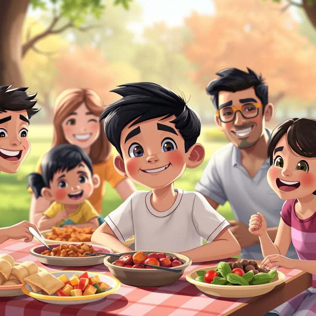 Image of Akram, a sweet boy with short black hair in a t-shirt, enjoying a picnic with his family at a park, with smiling faces, food spread, and joyful ambiance, illustration, cheerful, family time