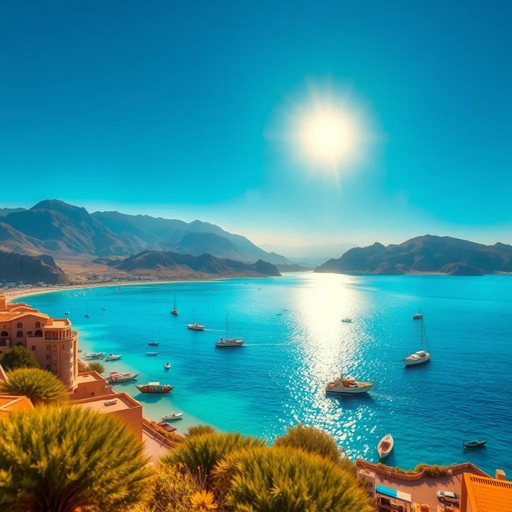 Image of A beautiful view of Oman with mountains and the bright sun shining in the sky, showing the blue sea and colorful boats floating peacefully, digital art, vibrant colors, warm atmosphere, high quality