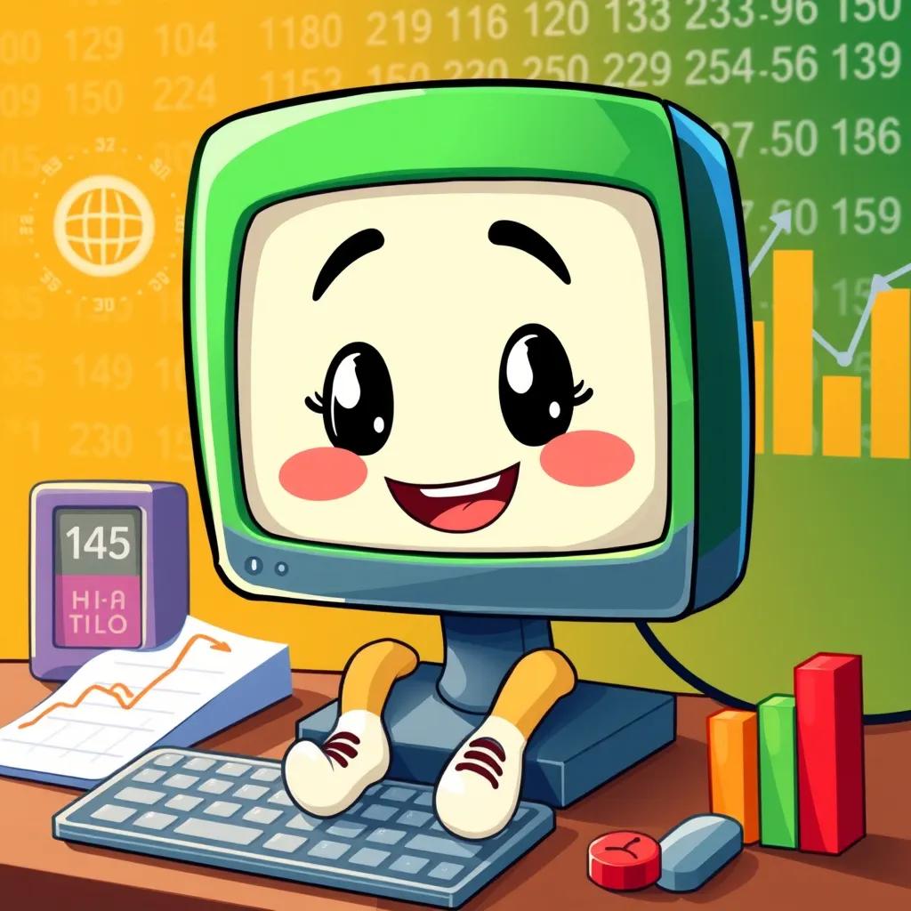 Image of A friendly computer program called Excel, represented as a colorful character with a big smile, sitting on a computer screen, surrounded by numbers and graphs, digital art, vibrant colors, cheerful atmosphere, high quality.