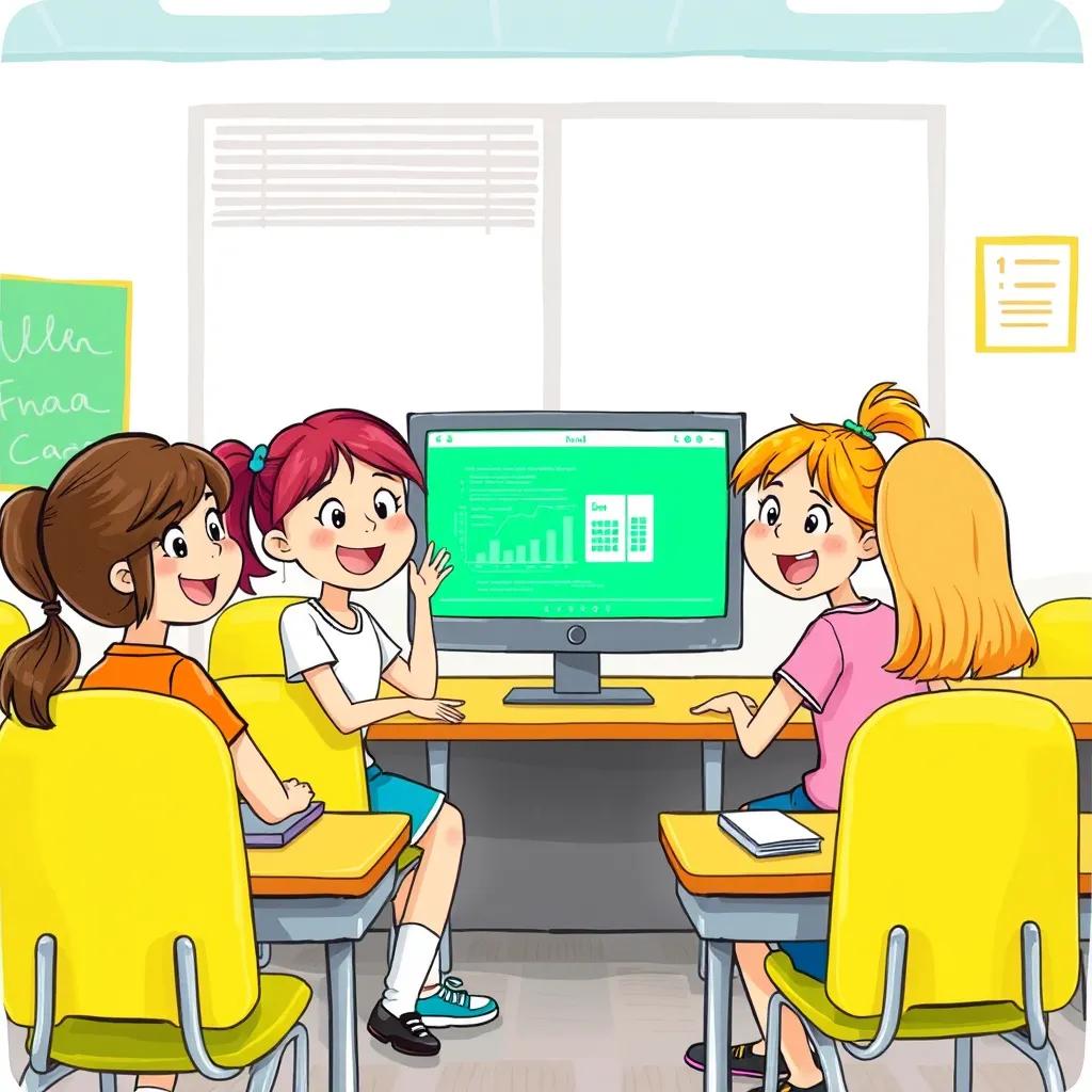 Image of A classroom with smart sixth-grade girls sitting at their desks excitedly, looking at a computer screen with Excel, happy expressions, illustration, bright colors, lively setting, child's perspective, inviting and fun mood.