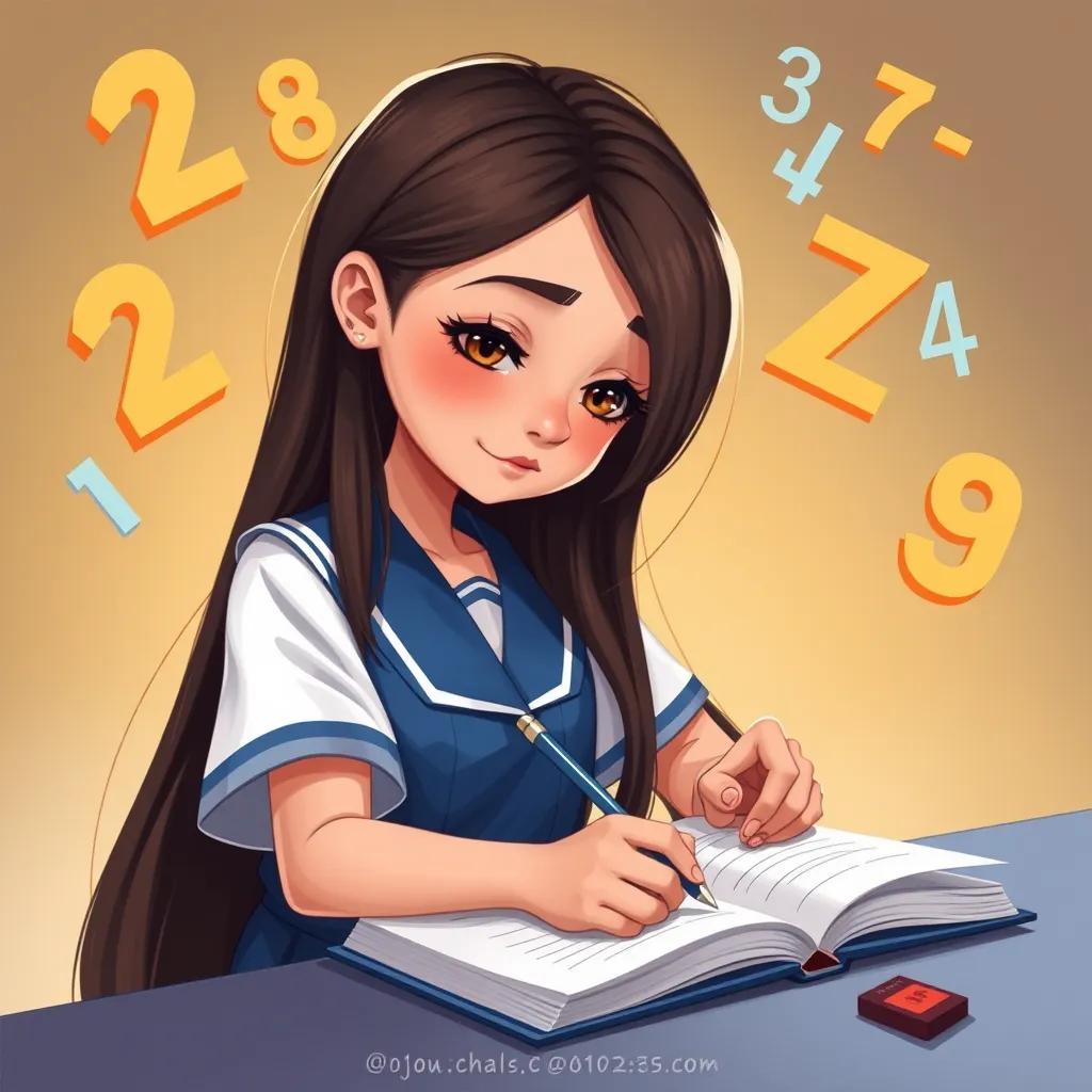 Image of Noura, a young girl with long, dark hair, wearing a school uniform, eagerly writing on her notebook, numbers and math symbols around her, digital art, bright colors, focused atmosphere, high quality.