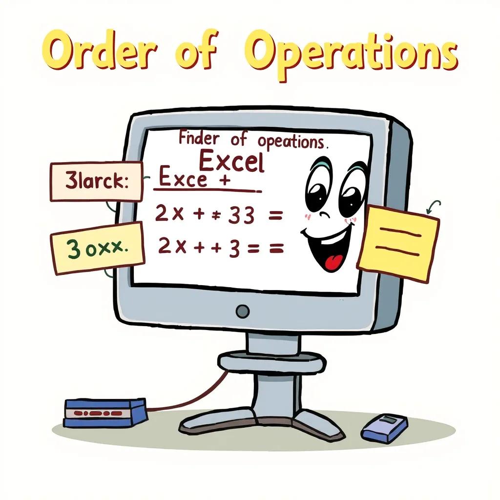 Image of Excel, the friendly computer program, explaining the order of operations with animated graphics on the computer screen, showcasing brackets, exponents, multiplication, and addition, digital art, colorful, educational style, engaging and inviting.