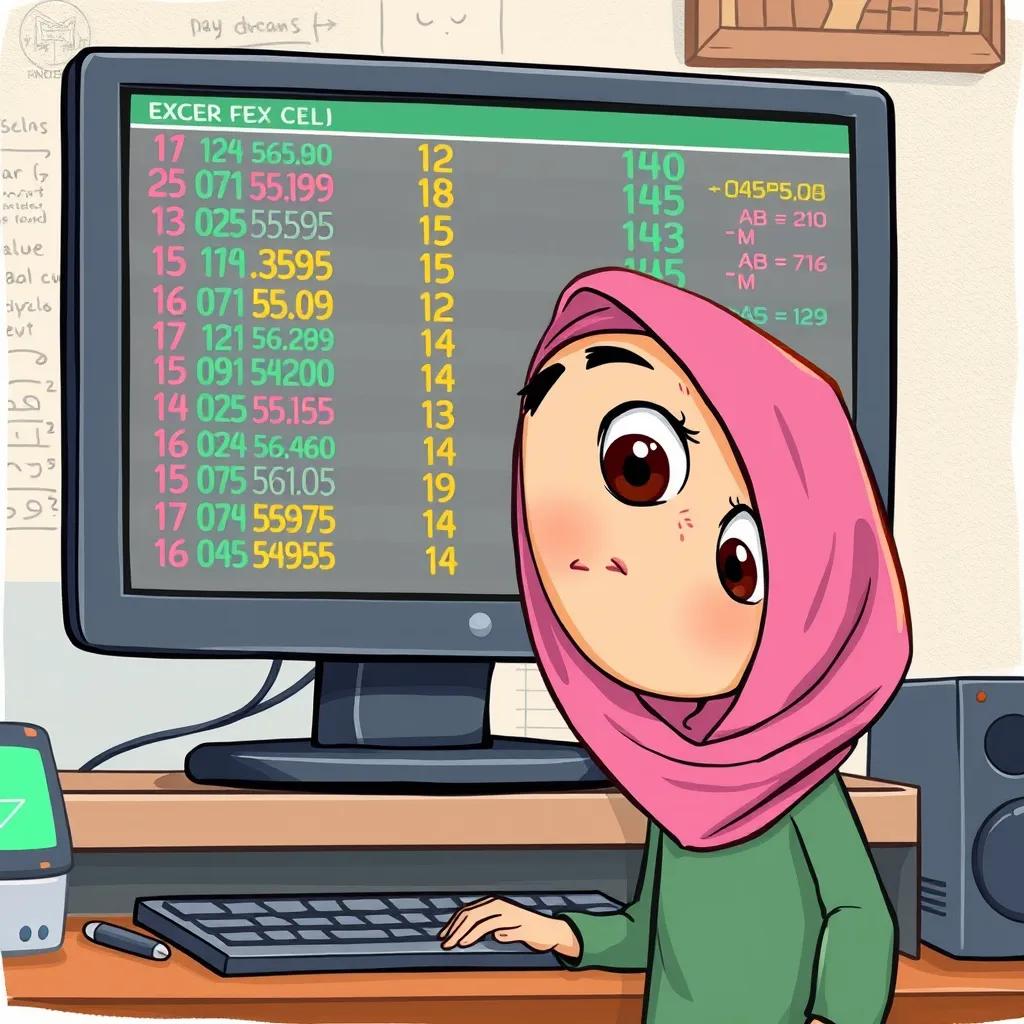 Image of Noura looking surprised and curious, standing in front of the computer, with Excel displayed on the screen, filled with colorful numbers and equations, digital illustration, light-hearted, captivating setting, high quality.