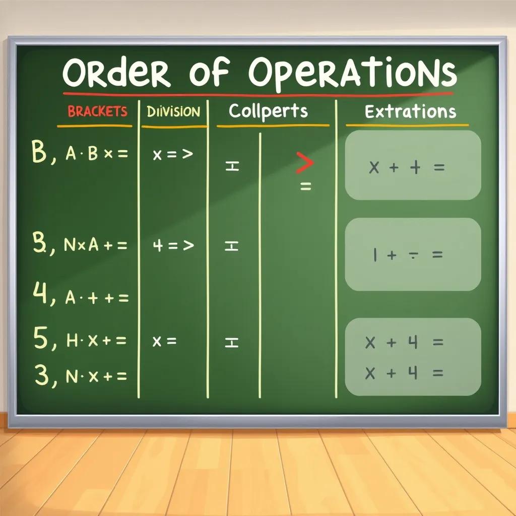 Image of A big chart showing the order of operations steps, with symbols for brackets, exponents, multiplication, division, addition, and subtraction, bright and colorful, educational style, easy to understand, friendly design, digital art.