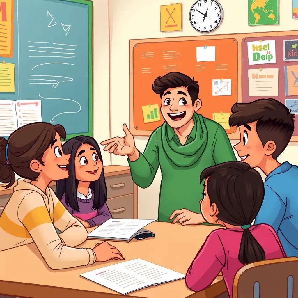 Image of Excel enthusiastically explaining to Noura and her friends, who are smiling and listening intently, classroom setting with colorful posters on the walls, digital illustration, warm colors, engaging and educational scene.