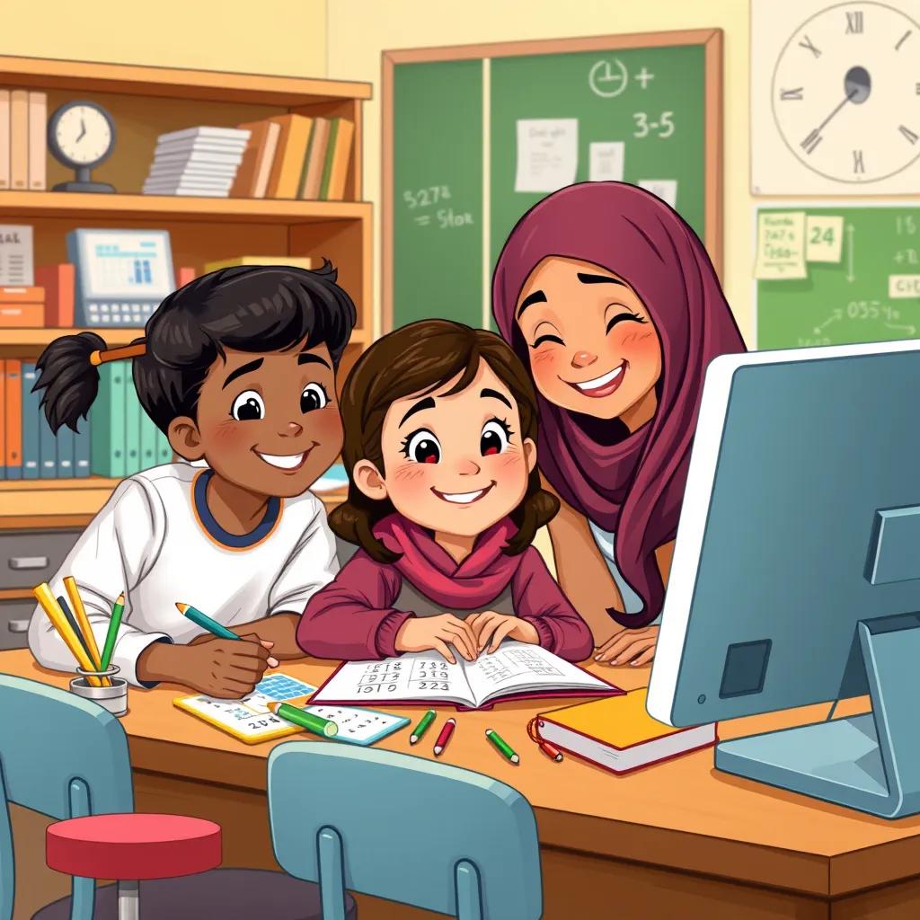 Image of Noura happily solving math problems with her friends, all focused on a computer, various math tools around them, vibrant classroom atmosphere, digital art, cheerful and encouraging mood, high quality.