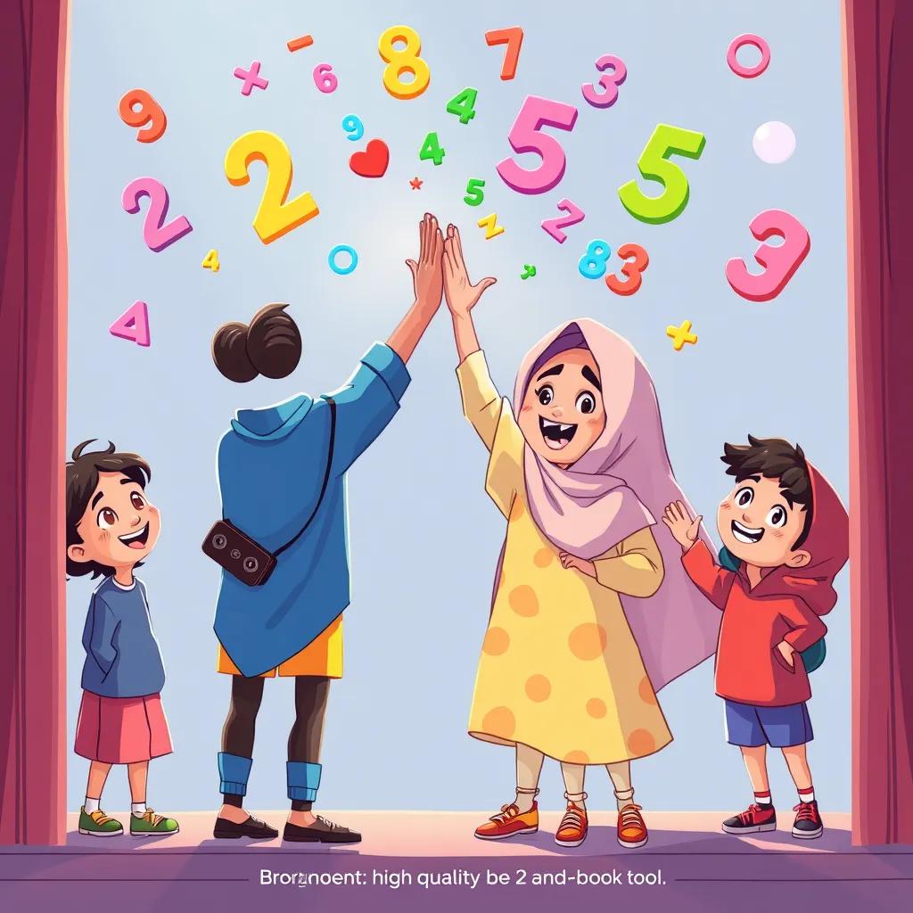 Image of A final scene with Noura and her friends celebrating their successful math solving, high-fiving each other, colorful numbers and shapes floating around, joyful expressions, digital illustration, fun and bright atmosphere, high quality.