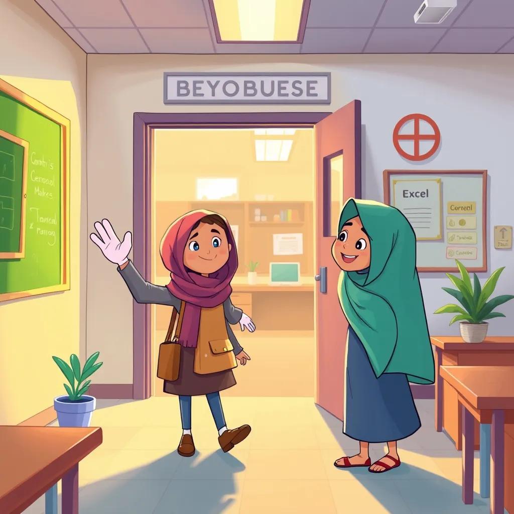 Image of Excel waving goodbye with a friendly smile to Noura and her friends as they leave the classroom with joy, digital art, colorful setting, warm light, inviting and friendly vibe.