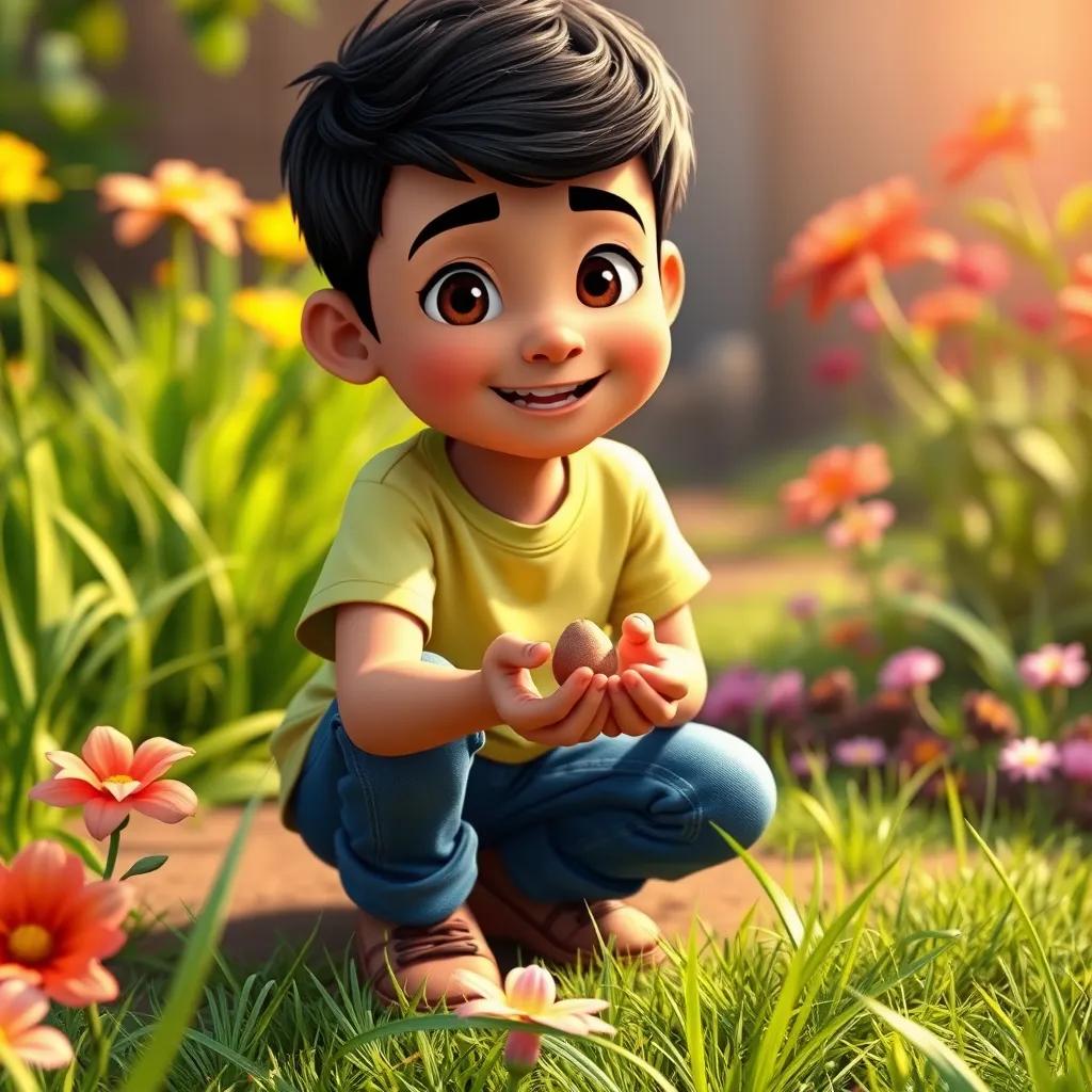 Image of A young Arab boy, Sami, with short dark hair, wearing a bright T-shirt and jeans, kneeling and holding a small brown seed in a garden, surrounded by green grass and flowers, digital art, cheerful atmosphere, warm colors, vibrant and inviting scene, high quality