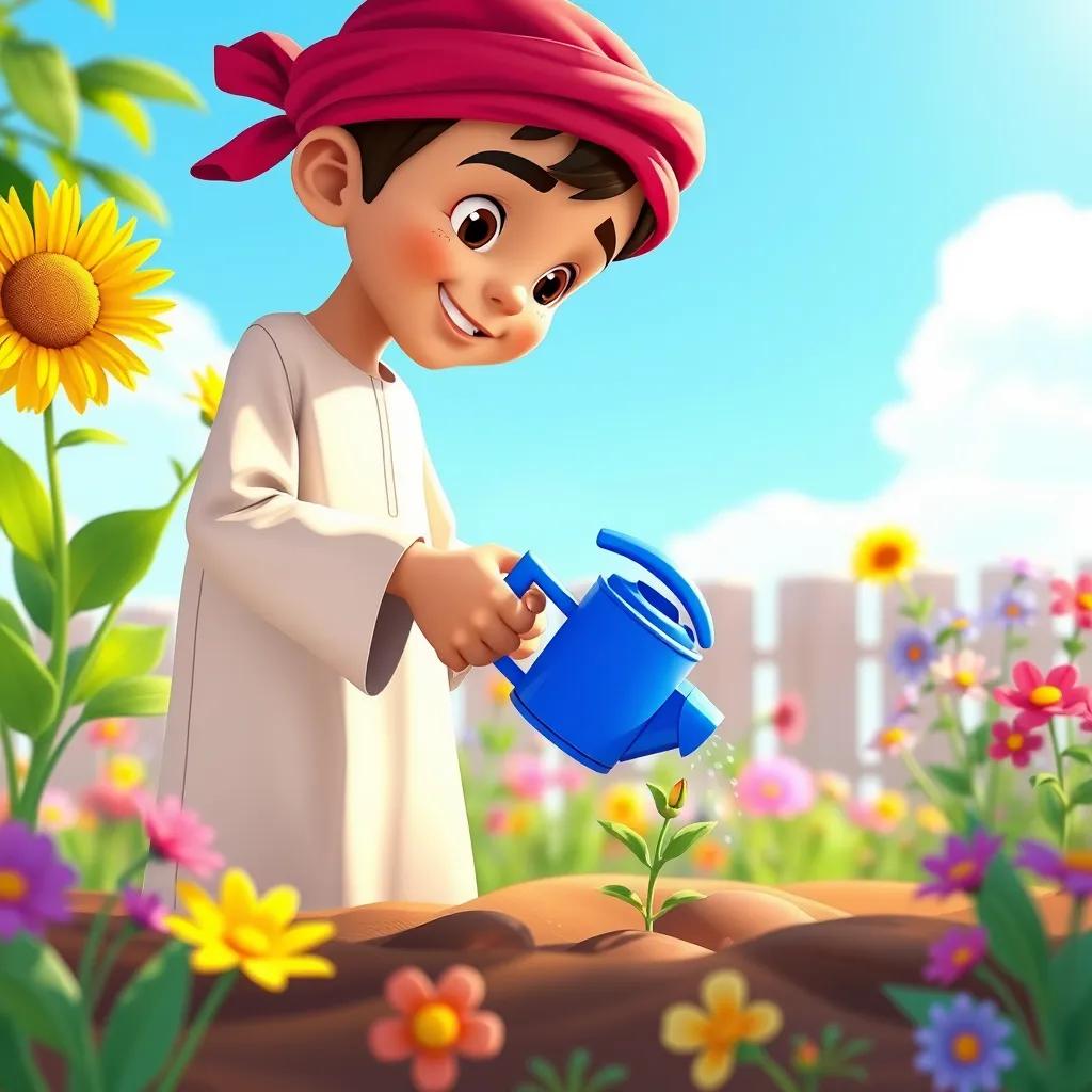 Image of Sami, a young Arab boy, watering a small seedling with a bright blue watering can, in a sunny garden with colorful flowers under a blue sky, illustration, vibrant, child-friendly, joyful