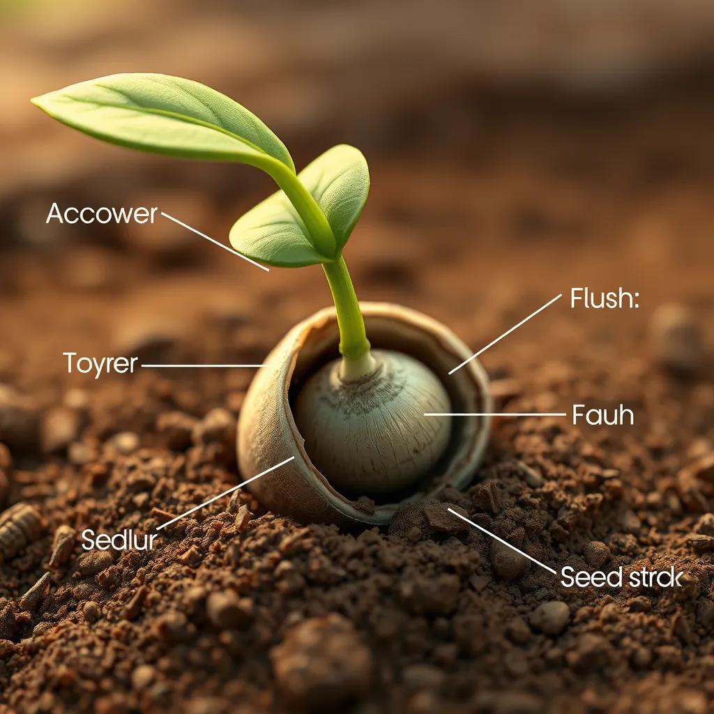 Image of A close-up view of the seedling with green leaves sprouting from the brown soil, showing different seed parts like the outer cover, flesh, and seed inside, educational illustration, detailed, informative, bright colors, high quality