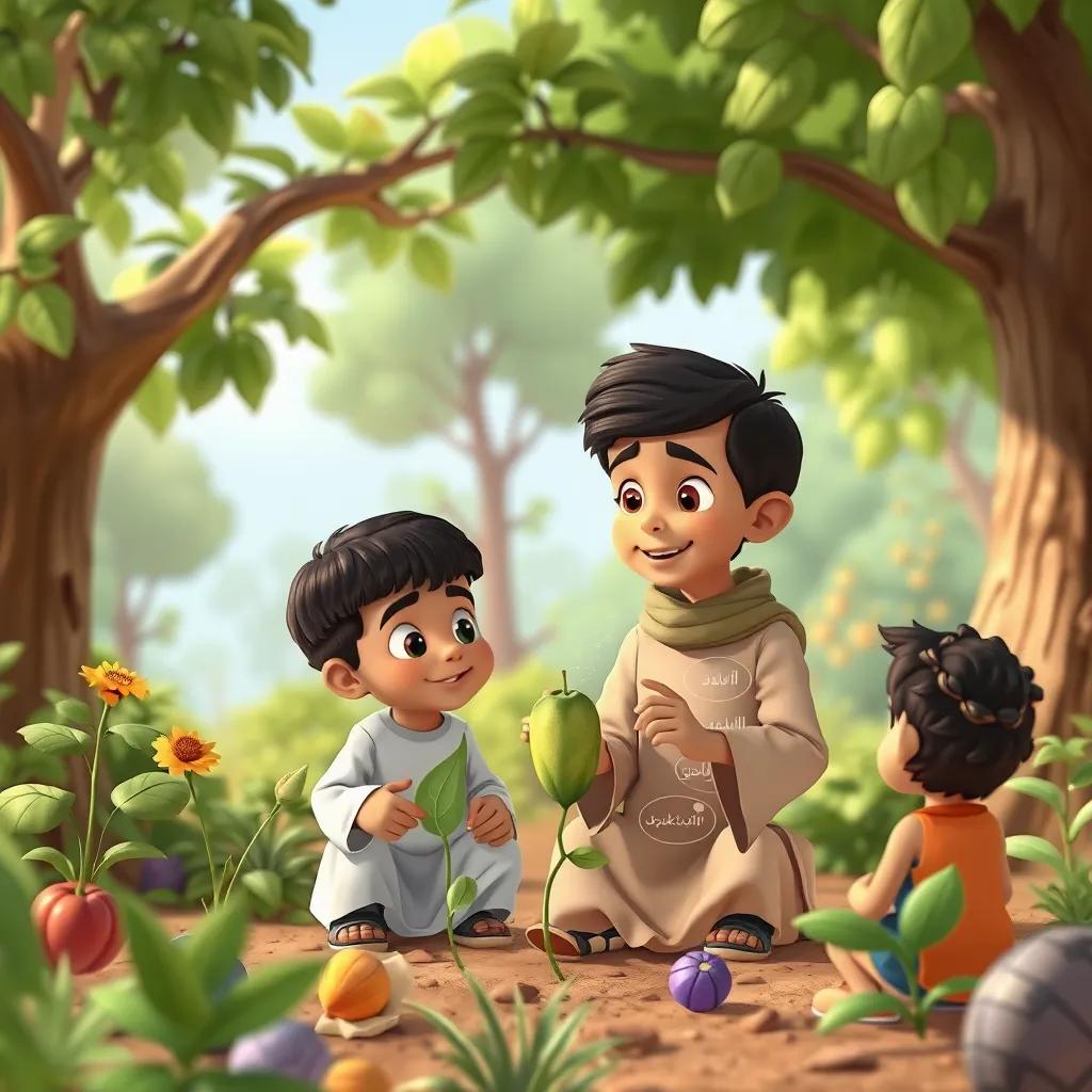 Image of Sami, a young Arab boy, explaining the parts of a seed to his friends in the garden, with trees and plants around them, fun and engaging, colorful scene, child-friendly