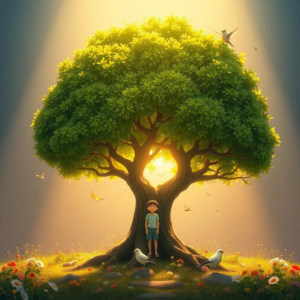 Image of A large tree grown from the small seed, with Sami standing happily under its shade, surrounded by flowers and birds, representing growth and nature's beauty, warm light, uplifting, vibrant colors, high quality