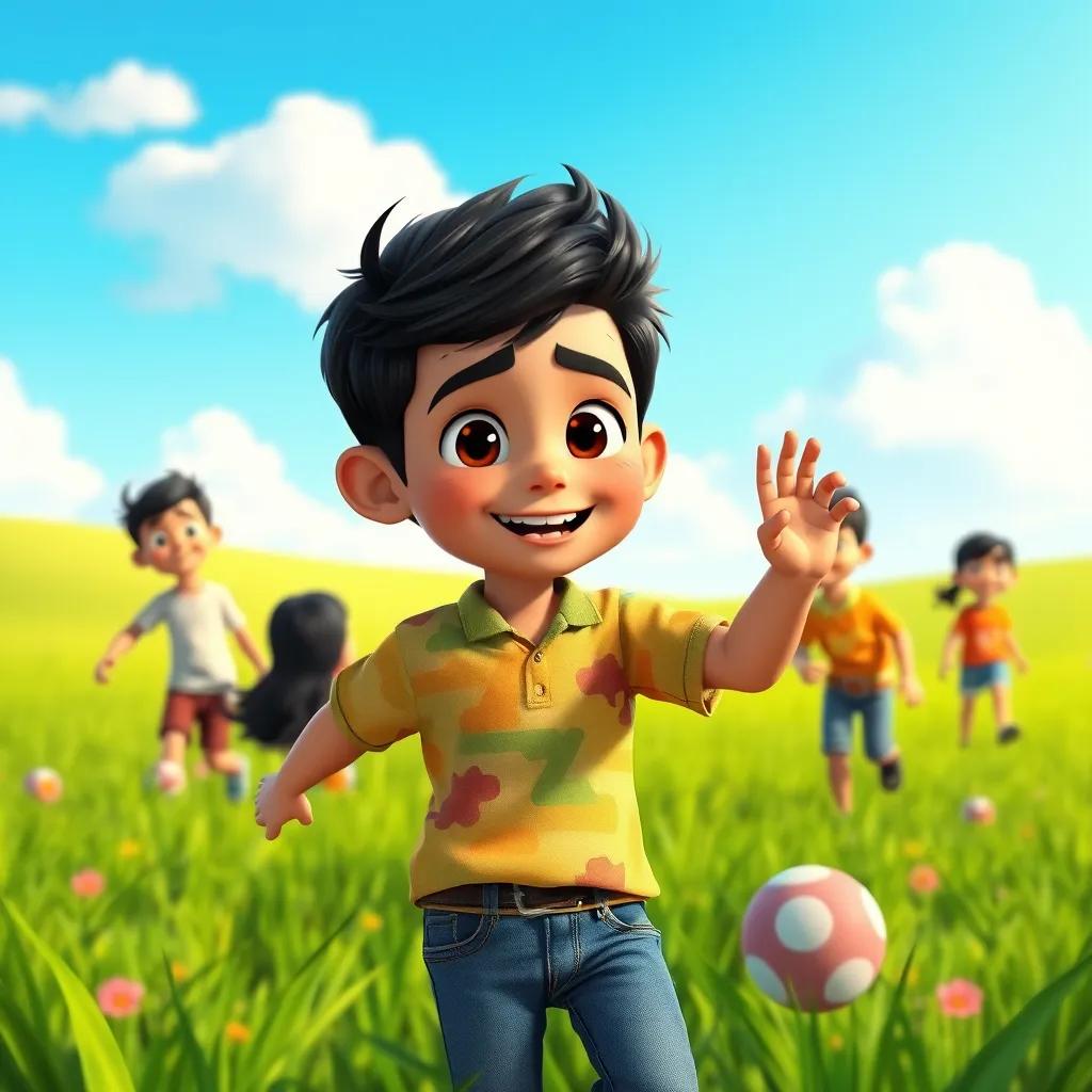 Image of A young Arab boy, Sami, with short black hair, wearing a colorful shirt and jeans, playing in a green field with friends under a bright blue sky, cheerful atmosphere, digital art, vibrant colors, child-friendly scene