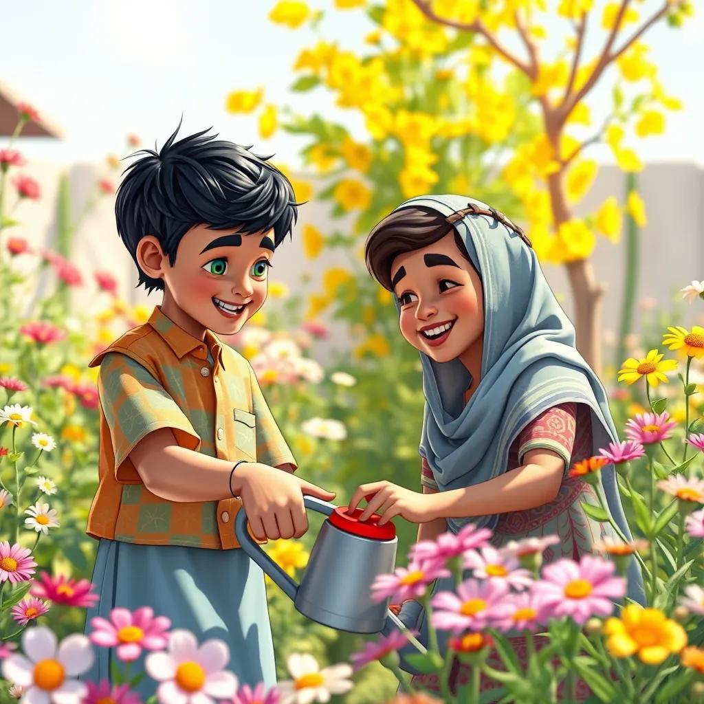 Image of Sami, a young Arab boy, with short black hair and a colorful shirt, helping his grandmother in a blooming garden, watering flowers with a smile, sunny day, joyful moment, detailed digital art, lively colors