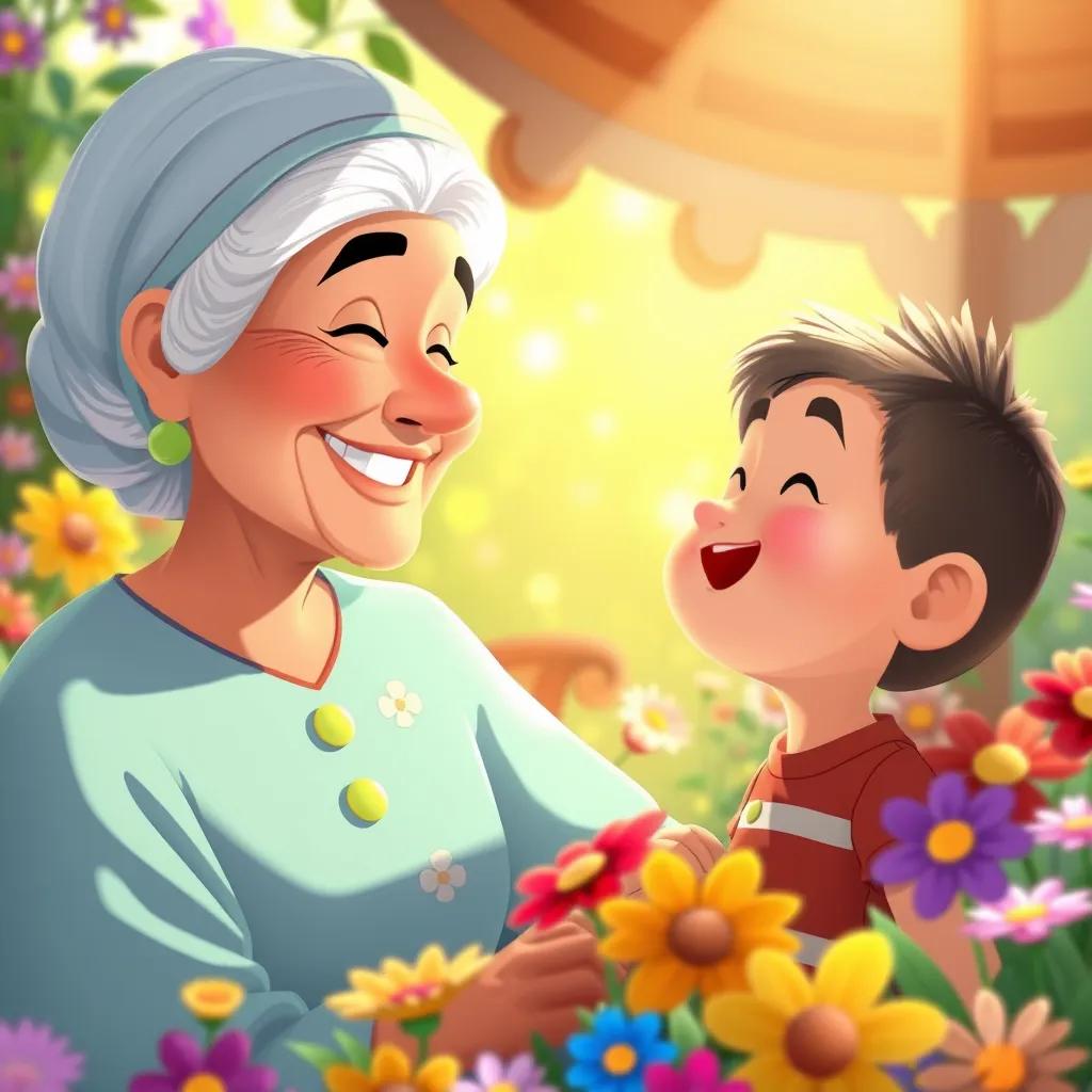 Image of Sami's grandmother smiling at him saying: 'You are a hero, Sami!' surrounded by colorful flowers and sunlight, nurturing atmosphere, vibrant digital painting, cheerful