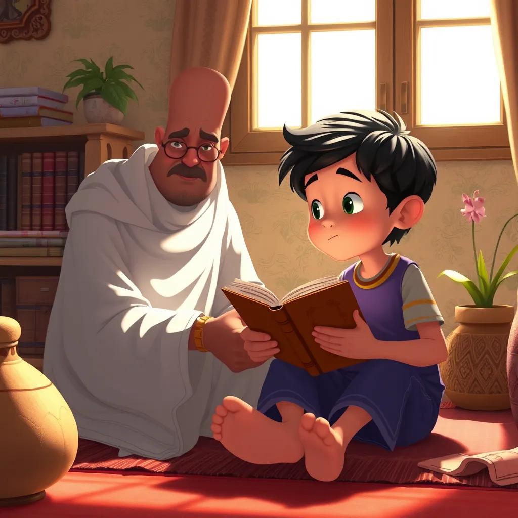 Image of Sami, sitting next to his grandfather, watching him read, showing interest and understanding, peaceful room with sunlight filtering through, detailed illustration, warm colors